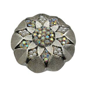 Coro Pegasus Brooch Silver Tone Aurora Borealis Faux Pearl Flower Vintage Signed